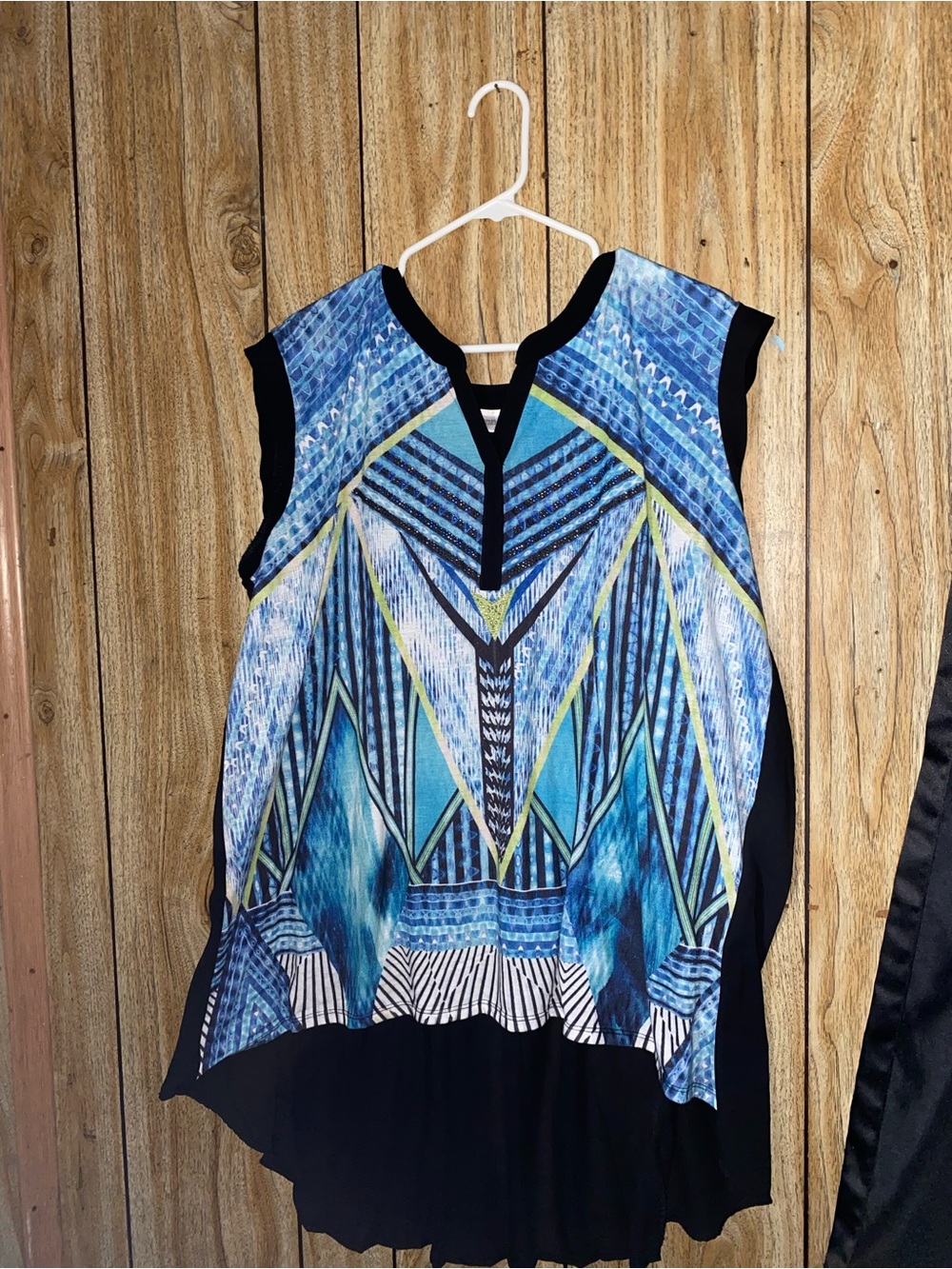 Avenue Blue Geometric Sleeveless Tunic with Black Trim